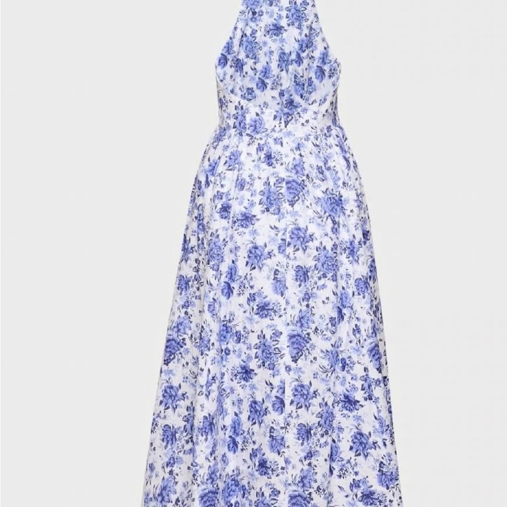 Aritzia NWOT Alfesco linen Midi Sundress Blue and White Floral A line w pockets - Picture 3 of 4